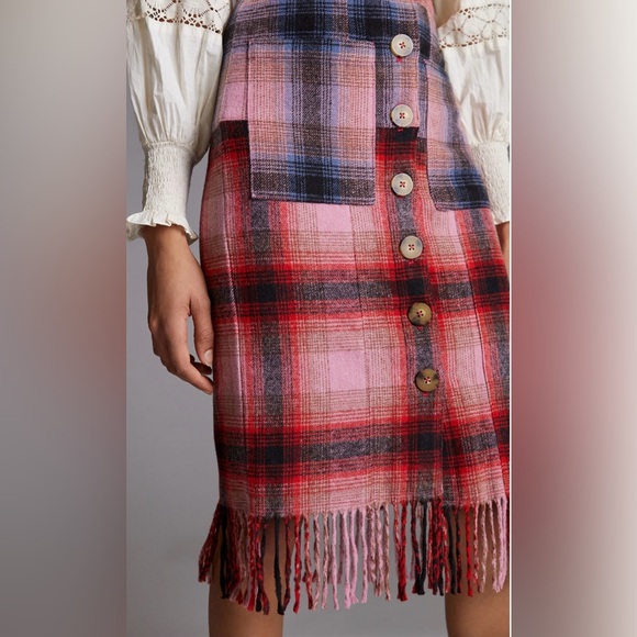 ‼️RARE‼️🎸MAEVE🎸🔥NWT🔥 Maeve Fringed Plaid Mini Skirt in Pink Combo✨Size 4✨ - Picture 3 of 11